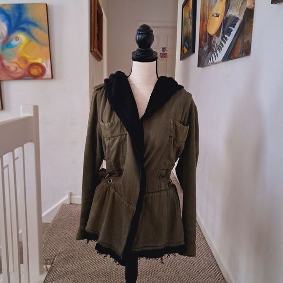 Free People Drawcord Waist Slouchy Jacket Med Olive Green Fleece Interior Hood - Picture 3 of 10